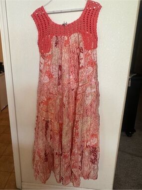 DAVI & DANI Coral and Pink Crochet Yoke Maxi Dress